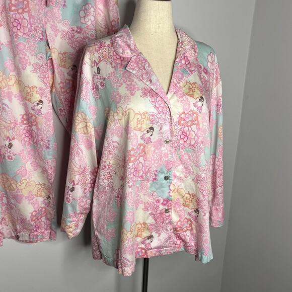 Natori Pajama 2 Piece Set Women's Size XL Pink Pastel Asian Floral Colorful - Picture 3 of 10